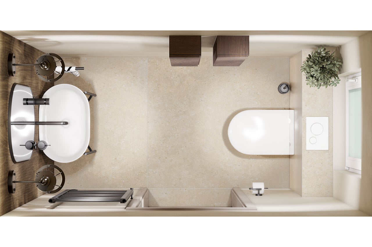 Modernes Gäste-WC aus der Vogelperspektive mit weißem Waschbecken, Wand-WC, beigen Fliesen, Holz-Elementen und dunklem Handtuchheizkörper.