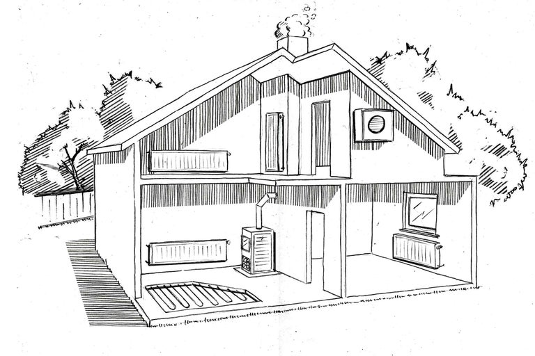 Skizze eines Hauses mit verschiedenen Heizsystemen wie Fußbodenheizung, Heizkörper und Ofen