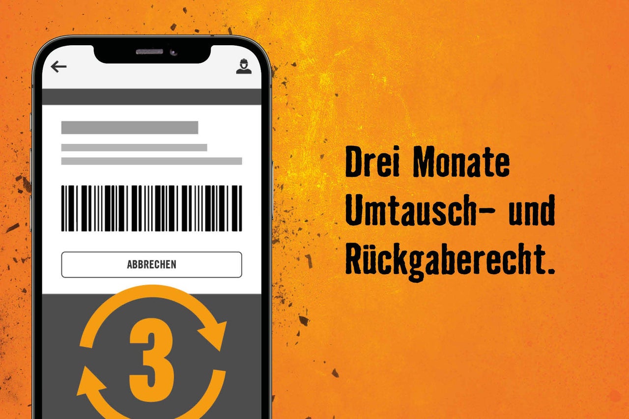 Smartphone mit Barcode und Umtausch-Logo, daneben der Text „Drei Monate Umtausch- und Rückgaberecht.“
