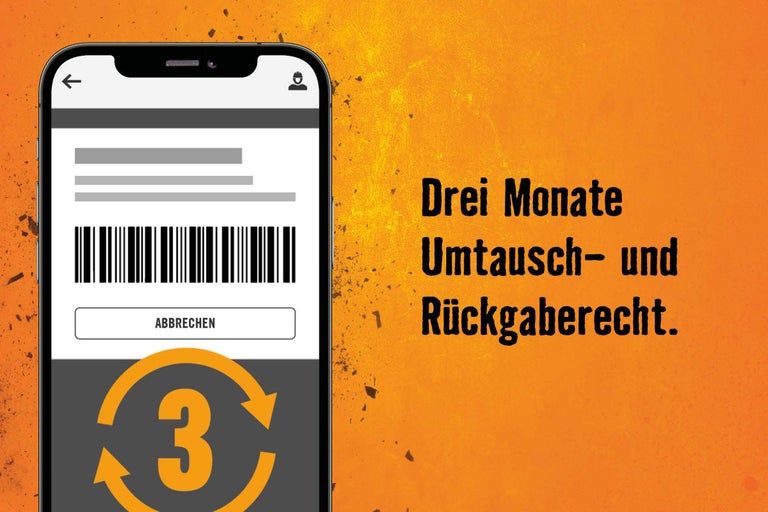 Smartphone mit Barcode und Umtausch-Logo, daneben der Text „Drei Monate Umtausch- und Rückgaberecht.“