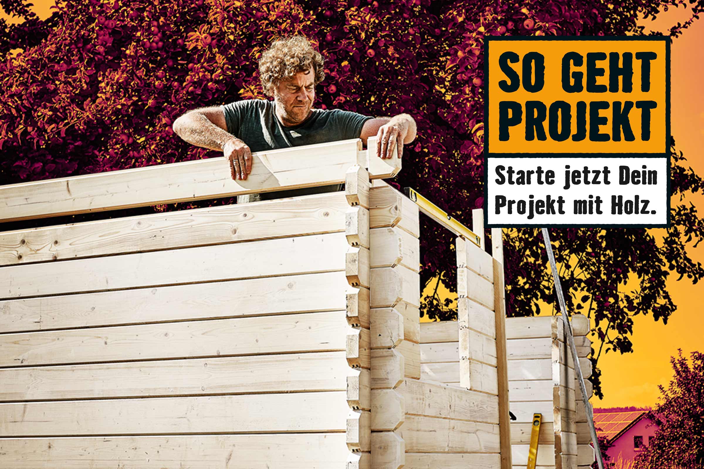 Mann baut ein Holzhaus. Kampagne So geht Projekt.