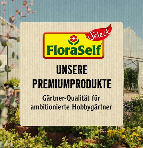 FloraSelf Logo. Unsere Premiumprodukte für ambitionierte Hobbygärtner in Gärtner-Qualität.