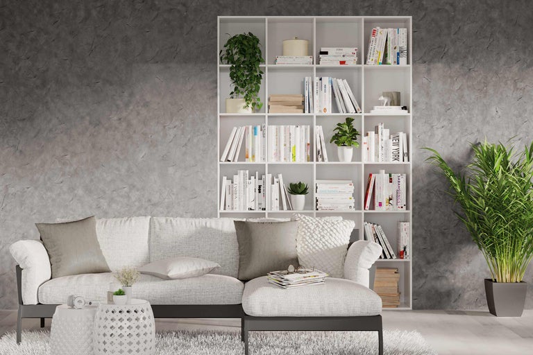 Wohnzimmer mit weißem Bücherregal, Sofa und Zimmerpflanzen