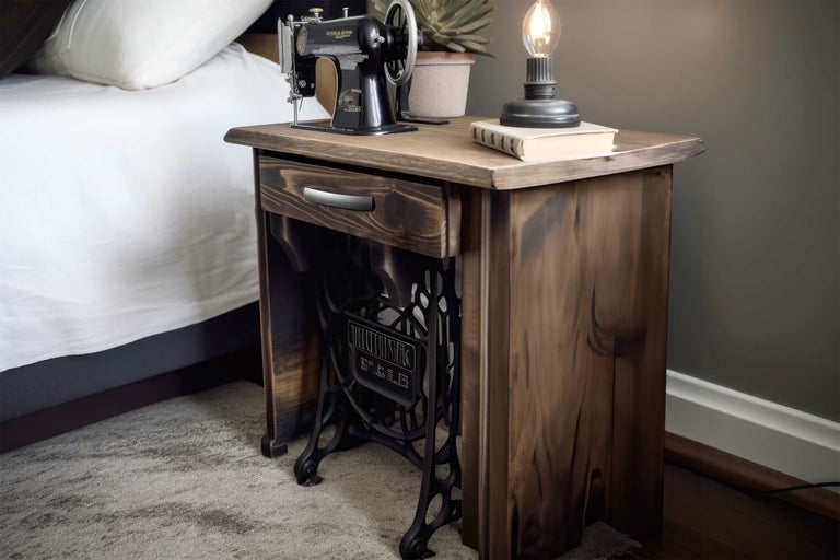 Nachttisch mit Schublade, gefertigt aus Holz mit einem Untergestell einer Nähmaschine, darauf eine Nähmaschine, eine Lampe und eine Pflanze