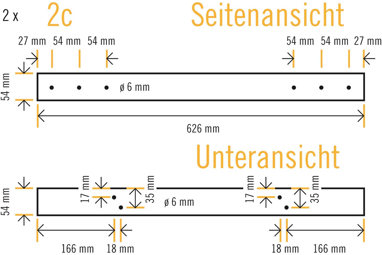 Zeichnung mit Seitenansicht und Unteransicht mit Maßangaben in Millimeter