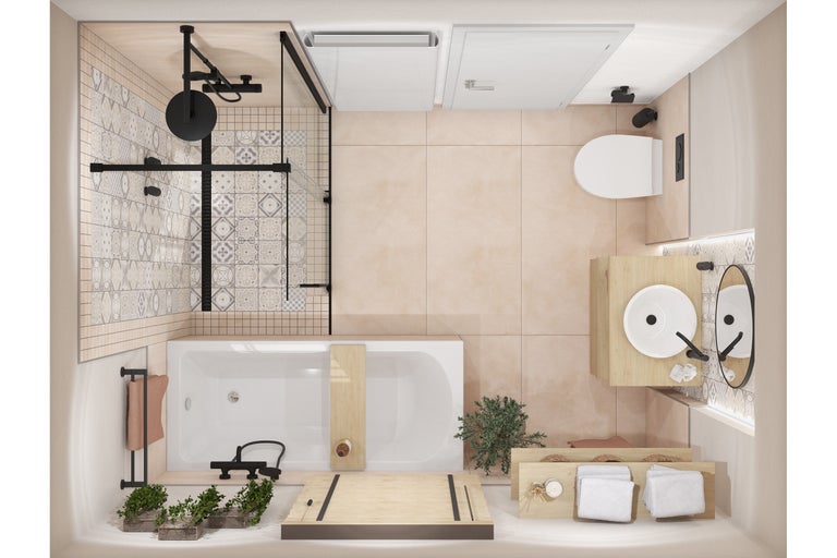 Draufsicht eines Badezimmers mit Dusche, Badewanne, Toilette und Waschtisch.