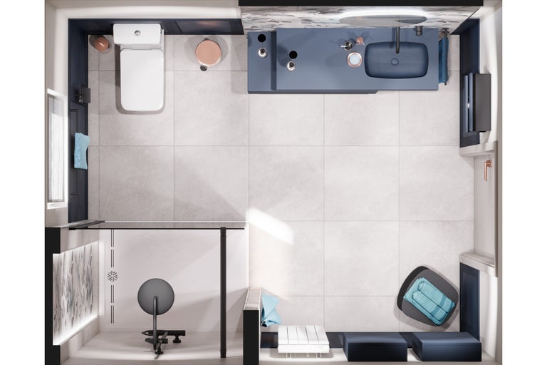 Vogelperspektive eines Badezimmers mit Toilette, Waschtisch, Dusche und Möbeln