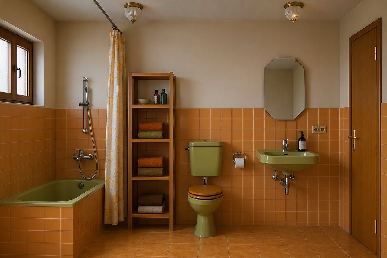 Badezimmer im Retro-Stil mit grüner Badewanne, Toilette und Waschbecken, orangefarbenen Fliesen, einem Holzregal und achteckigem Spiegel.