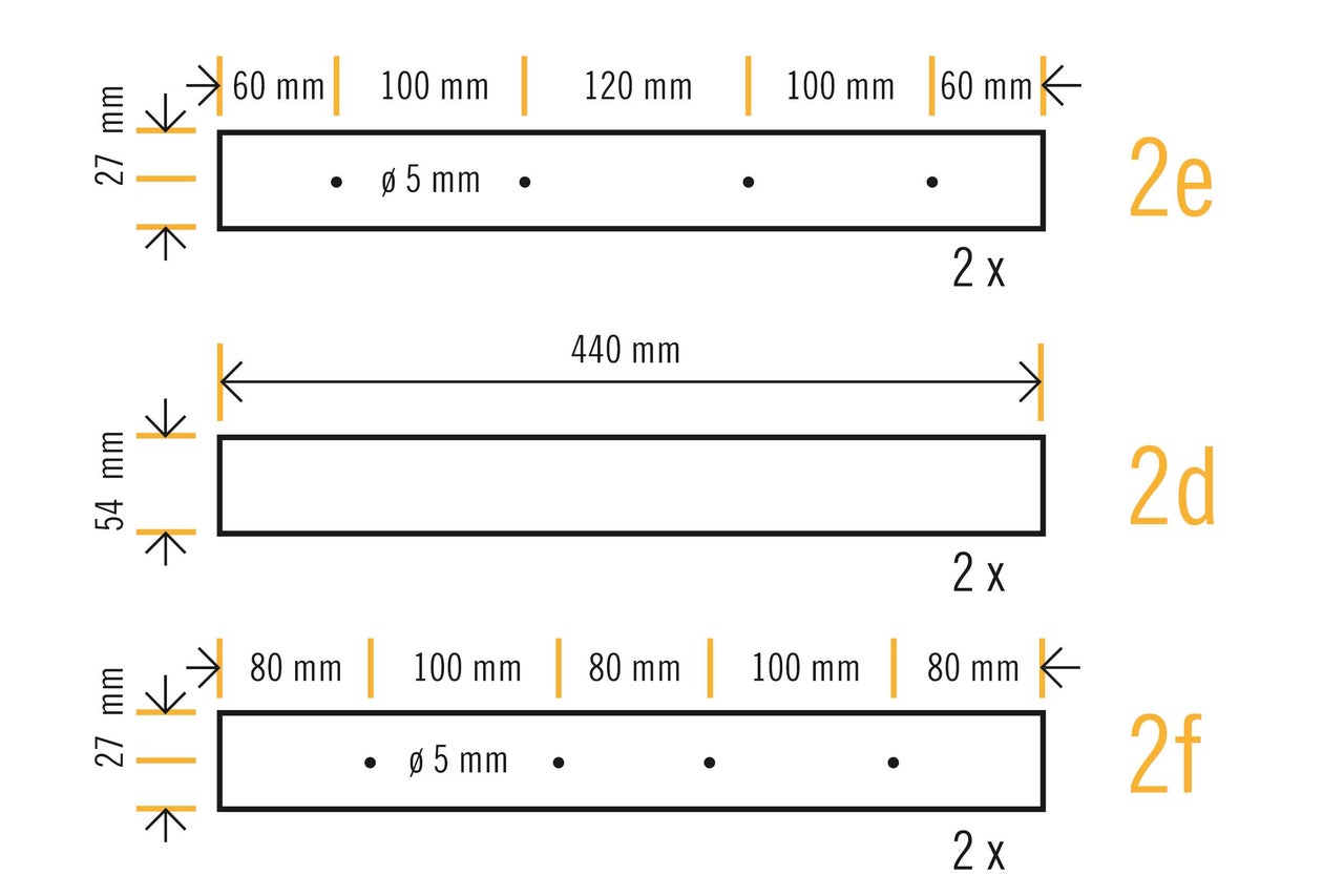 Technische Zeichnung von Holzbauteilen mit Maßangaben