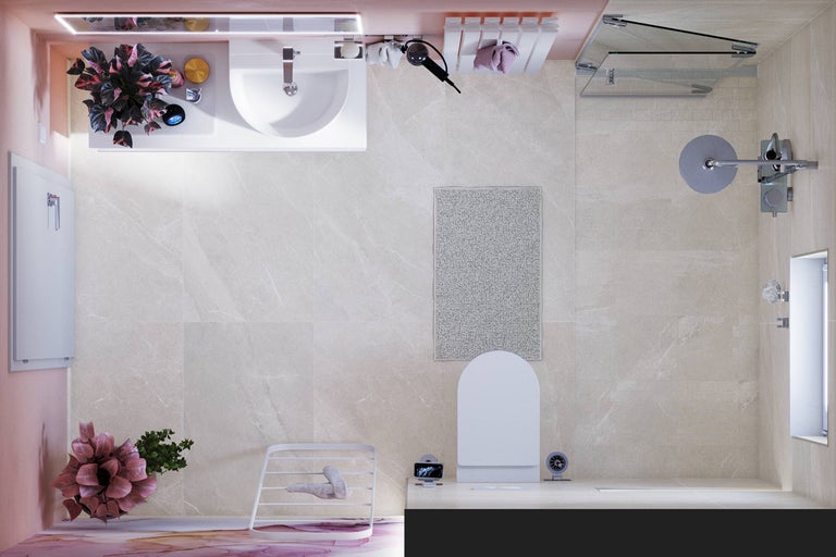 Draufsicht eines Badezimmers mit Waschbecken, Toilette und Dusche