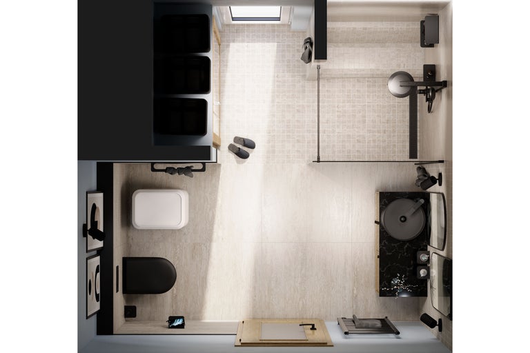 Vogelperspektive eines Badezimmers mit Toilette, Waschbecken, Dusche und Aufbewahrungsmöglichkeiten.