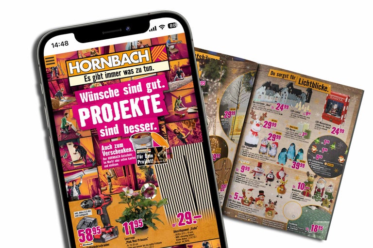 Smartphone zeigt Hornbach Werbung mit Aktionen zu Werkzeug, Pflanzen und Weihnachtsdekoration