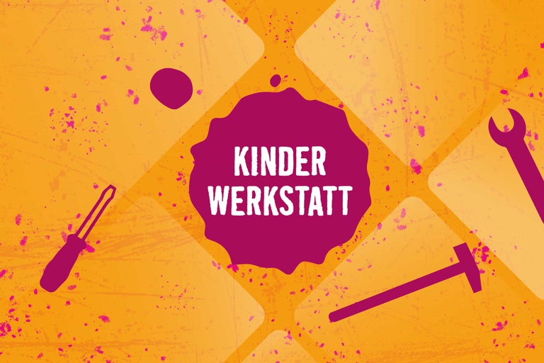 Grafik mit dem Schriftzug Kinderwerkstatt sowie Silhouetten von Hammer, Schraubendreher und Gabelschlüssel.