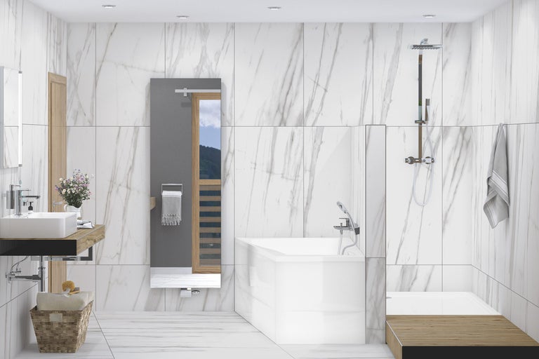 Modernes Badezimmer mit Waschbecken, Badewanne und Marmorfliesen