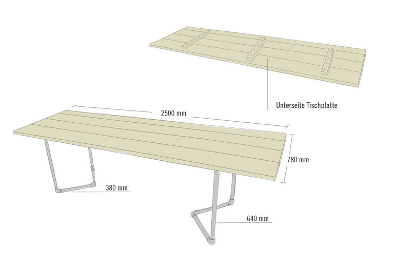 Skizze eines Tisches mit den Maßen 2500 x 780 Millimeter und einer Höhe von 640 Millimeter, sowie Details zur Tischplattenunterseite.
