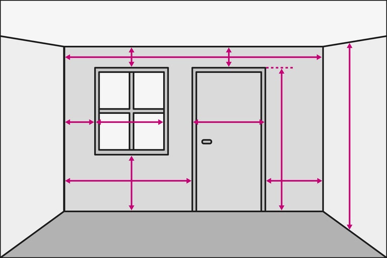 Raumdarstellung mit Maßangaben für Fenster und Tür