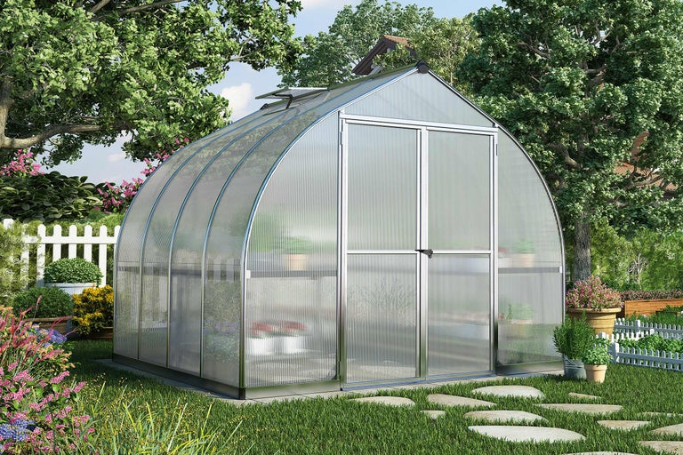 Gewächshaus im Garten mit Pflanzen und Blumen