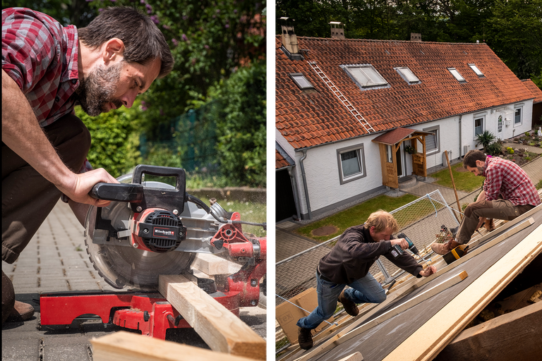 Zwei Szenen zeigen Männer, die Holz mit einer Kappsäge schneiden und ein Hausdach reparieren.