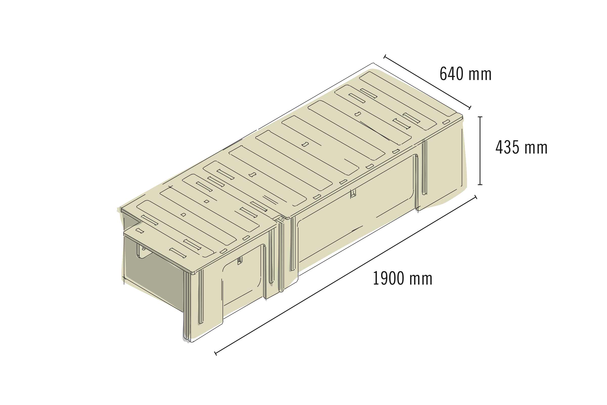 Zeichnung eines Möbelbausatzes mit den Maßen 1900 mm Länge, 640 mm Breite und 435 mm Höhe