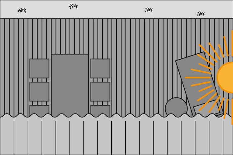 Draufsicht einer Terasse mit Gartenmöbeln und Sonne im Westen.