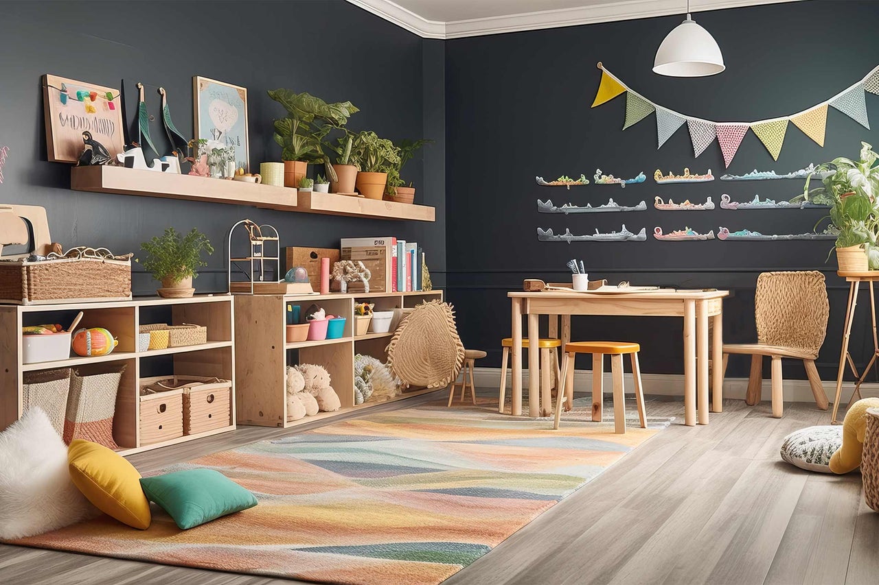 Einrichtung eines Kinderzimmers mit Holzregalen, Tisch, Stühlen und farbenfrohem Teppich