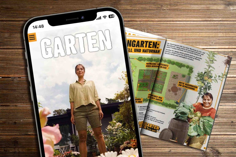 Smartphone mit der Hornbach Garten App und Gartenzeitschrift auf einem Holztisch