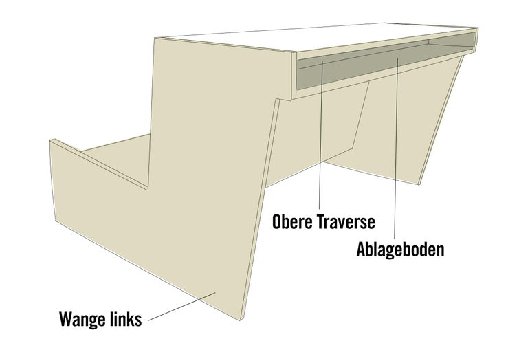 Zeichnung eines Schreibtischgestells mit linker Wange, oberer Traverse und Ablageboden