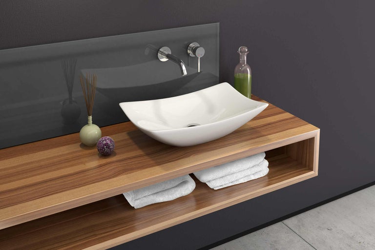 Badezimmer Waschtisch mit Aufsatzwaschbecken und Holzarbeitsplatte