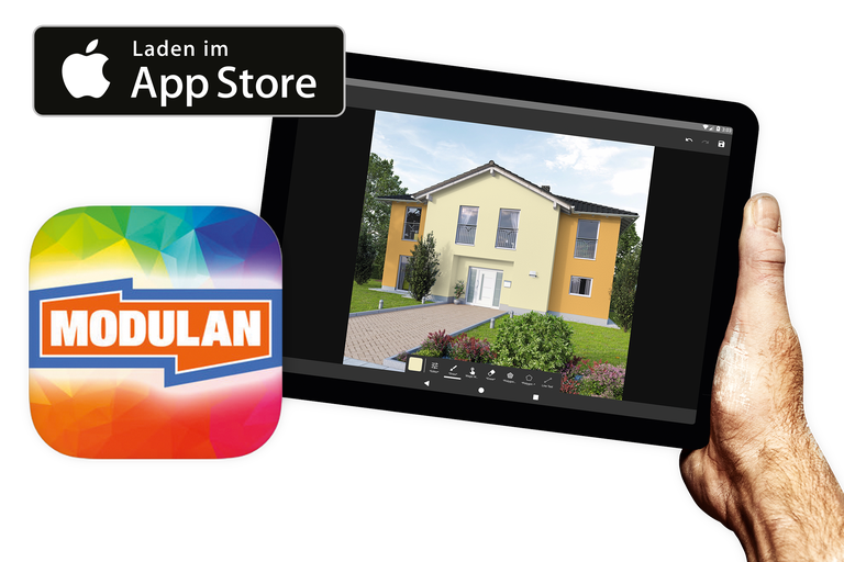 Modulan App auf einem Tablet mit dem Google Play Store Logo und dem Apple App Store Logo