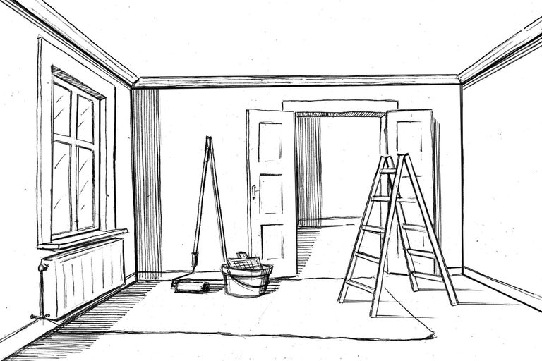 Skizze eines Zimmers mit Leiter, Farbeimer und Farbroller für Renovierungsarbeiten