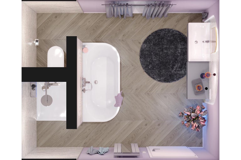 Draufsicht eines modernen Badezimmers mit hellem Bodenbelag in Chevron-Optik, Badewanne, Dusche, WC und Waschtisch.