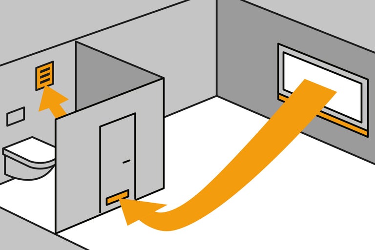 Darstellung eines Badezimmers mit Lüftungssystem und zugehörigem Symbol