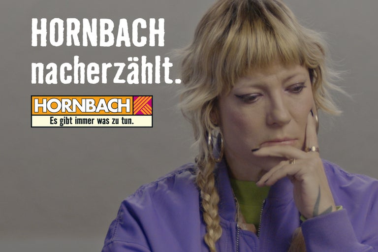 Hornbach erzählt. Frau mit geflochtenem Zopf und Hornbach Logo.