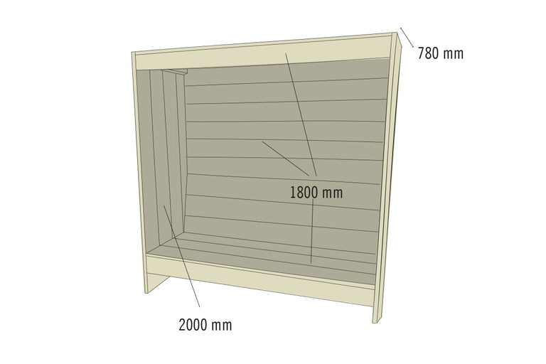 Regal mit den Maßen 780 mm Tiefe, 1800 mm Höhe und 2000 mm Breite.