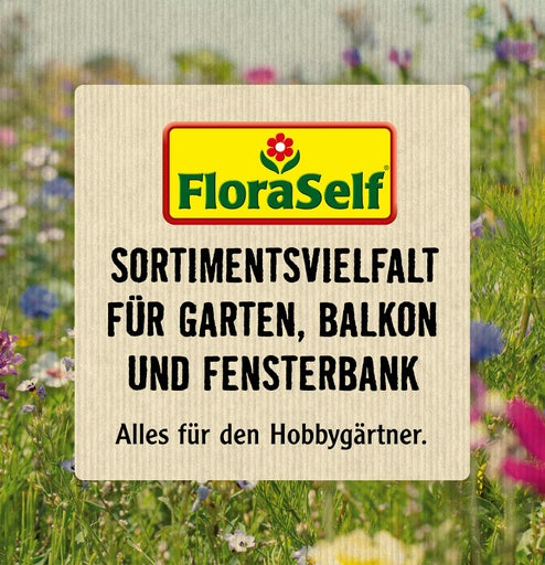 FloraSelf Logo. Sortimentsvielfalt für Garten, Balkon und Fensterbank. Alles für den Hobbygärtner.