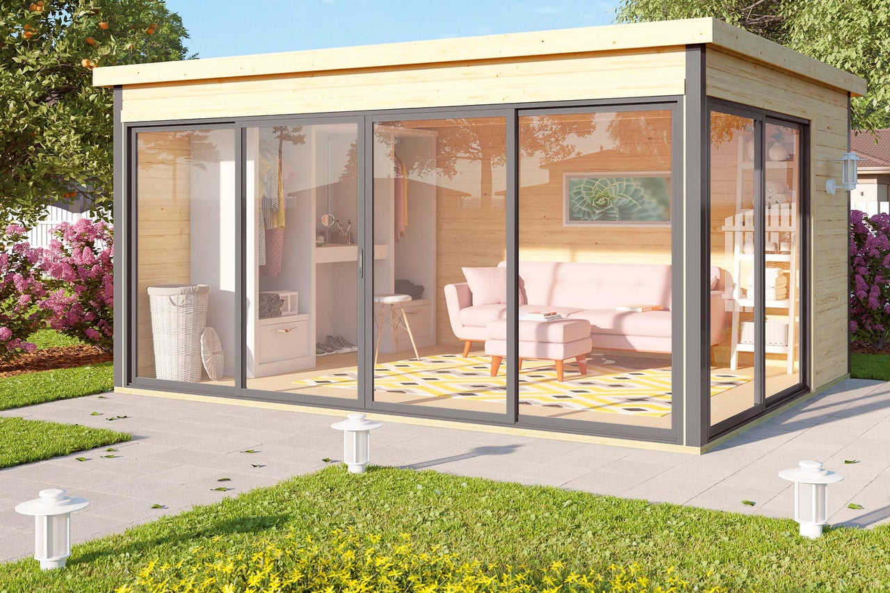 Modernes Gartenhaus mit Schiebetüren und Inneneinrichtung im Garten