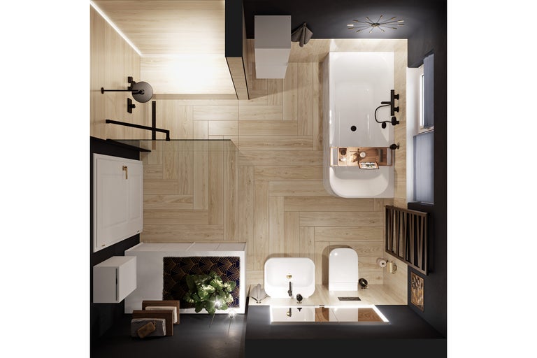 Modernes, organisiertes Badezimmer aus der Vogelperspektive mit Dusche, Badewanne, Waschbecken und Toilette. Boden in Holzoptik mit Fischgrätmuster.