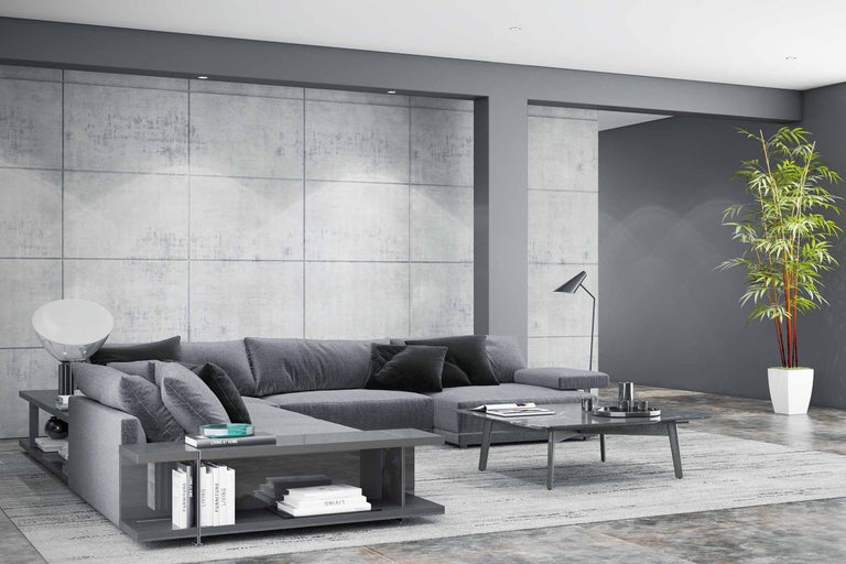 Modernes Wohnzimmer mit grauer Eckcouch, Couchtisch und Zimmerpflanze