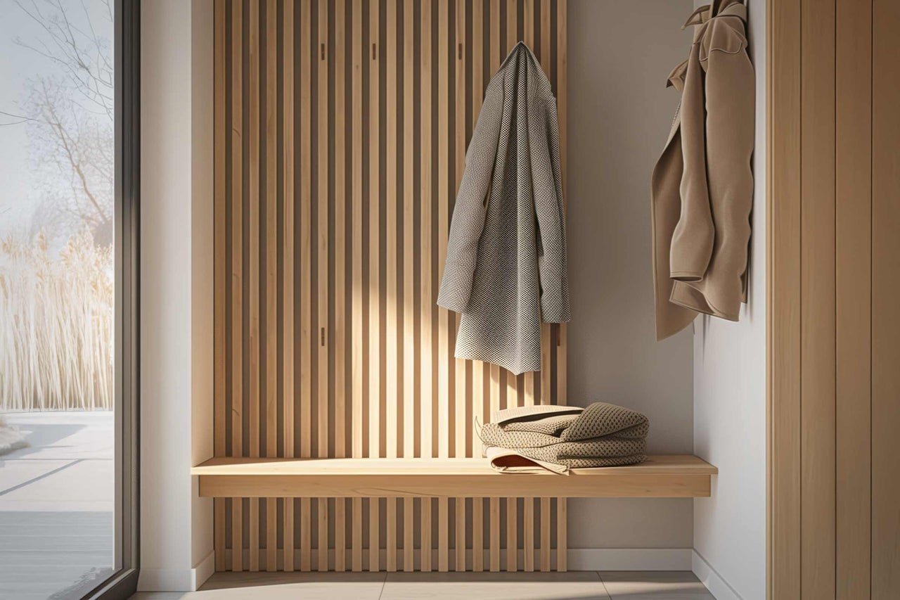 Holzgarderobe mit Sitzbank und Jacken