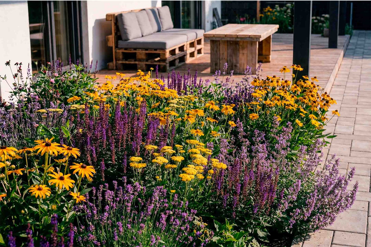 Ein sonniger Garten mit einem üppigen Blumenbeet aus gelben und lila Stauden vor einer Holzterrasse mit Palettensofa und Holztisch.