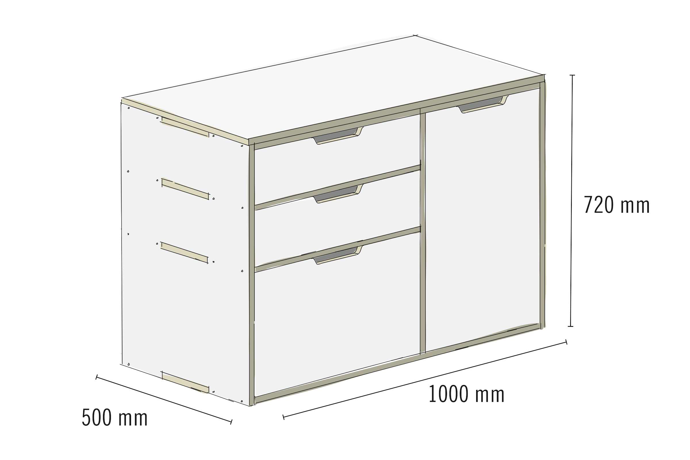 Illustration eines Unterschranks mit Schubladen und einer Tür, Abmessungen 1000 x 500 x 720 Millimeter.