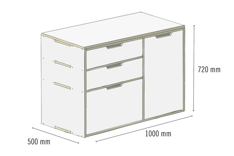 Illustration eines Unterschranks mit Schubladen und einer Tür, Abmessungen 1000 x 500 x 720 Millimeter.