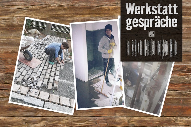 Collage von Fotos mit Werkstattszenen und dem Schriftzug Werkstattgespräche.