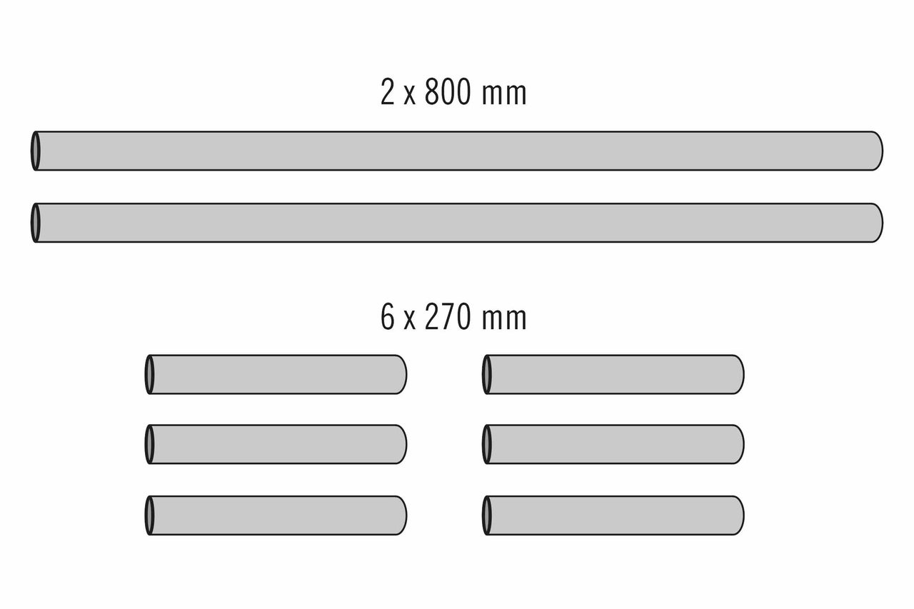 Darstellung von zwei Rohren mit 800 mm Länge und sechs Rohren mit 270 mm Länge