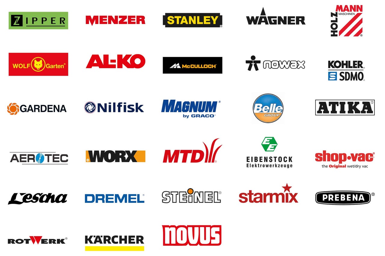 Übersicht verschiedener Herstellerlogos wie Zipper, Menzer, Stanley, Wagner, Wolf Garten, AL-KO, Gardena
