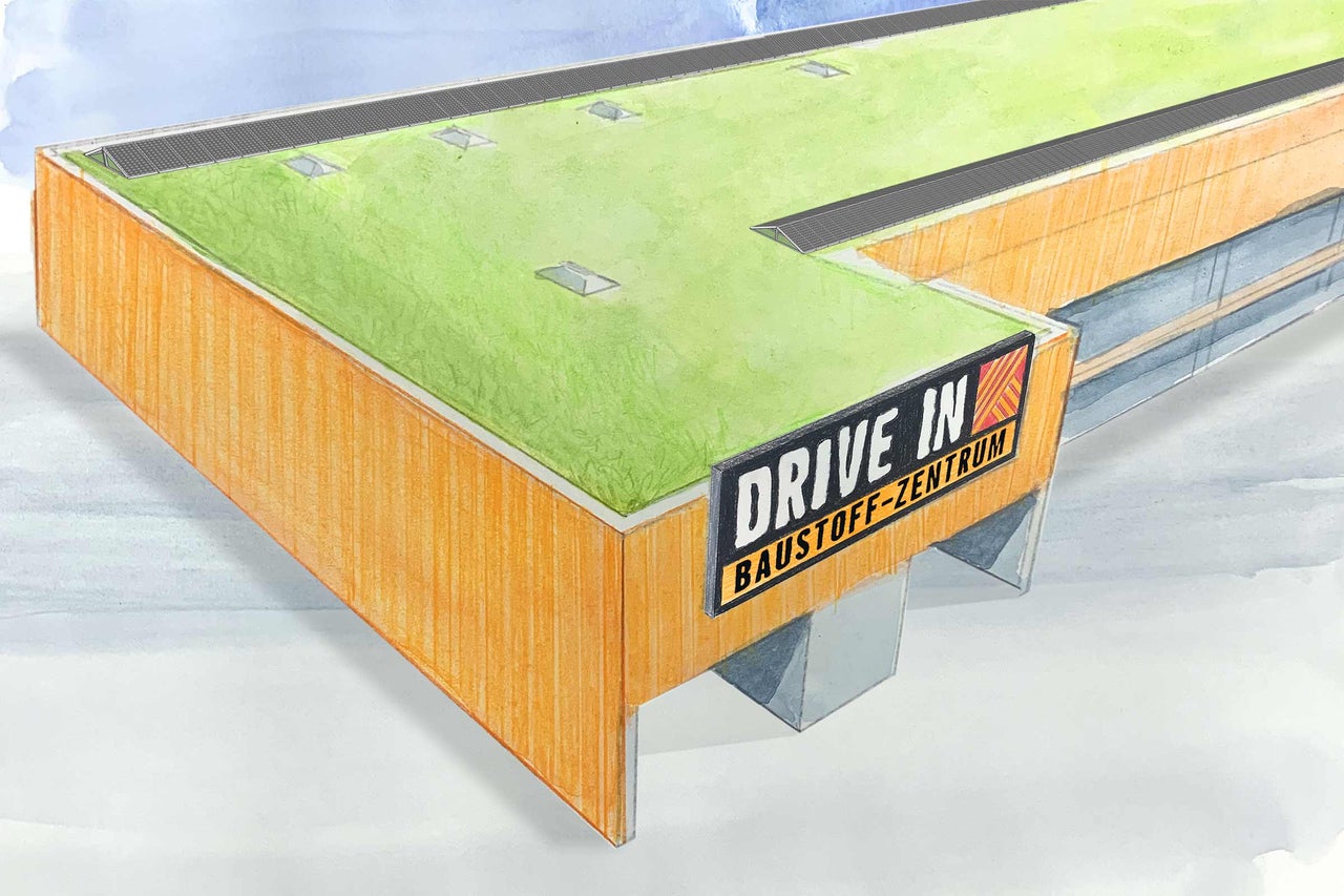 Illustration eines Drive-In-Baustoffzentrums mit begrüntem Dach und Oberlichtern