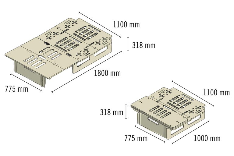 Technische Zeichnung eines ausziehbaren Möbelstücks mit Maßangaben