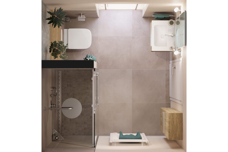 Vogelperspektive eines hellen Badezimmers mit Dusche, Toilette, Waschbecken und Badmöbeln