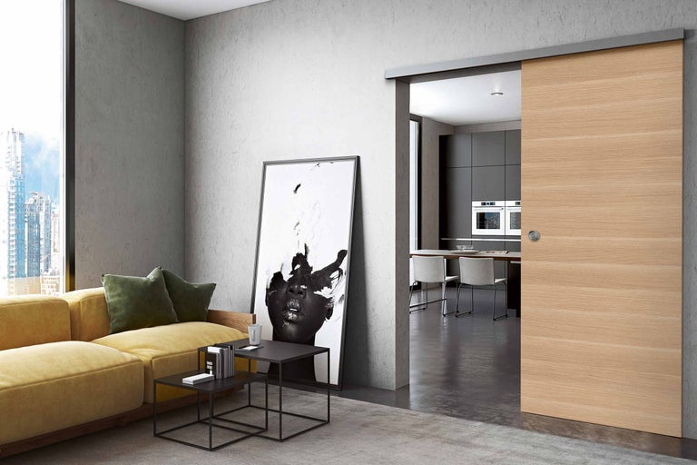 Helle Wohnungseinrichtung mit Schiebetür, Sofa, Couchtisch und Bild