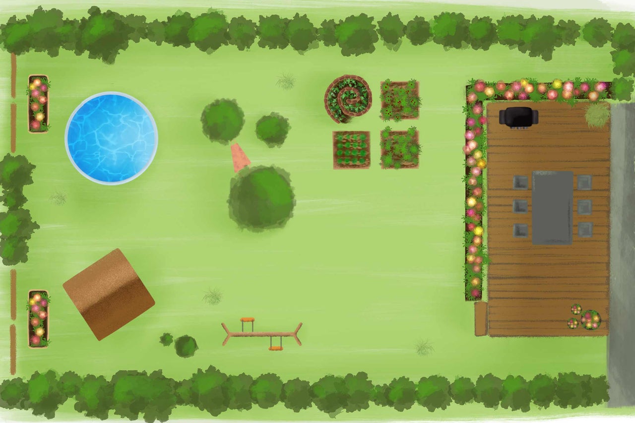 Illustration eines Gartens mit Pool, Hochbeeten, Spielplatz und Terrasse (Draufsicht)